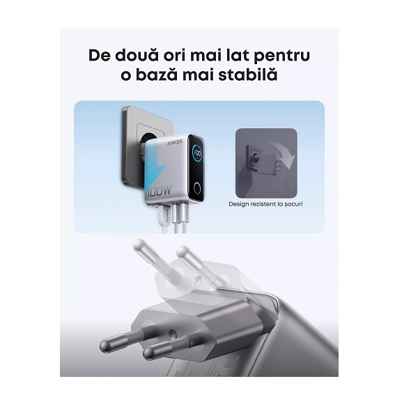 Зарядно за стена Anker 100W, 2x USB-C, 1x USB-A, Smart-Display, Сиво | HomeZONA Зарядно за стена Anker 100W