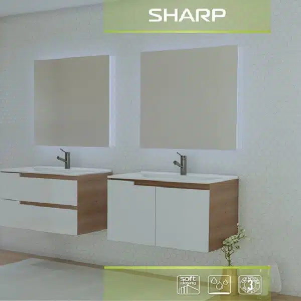 Шкаф за баня с мивка SHARP с две врати, бял и дървесен декор