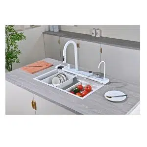 Мивка за кухня Spark 12WW, двоен водопад, Smart смесител, бял | HomeZONA Мивка за кухня Spark 12WW