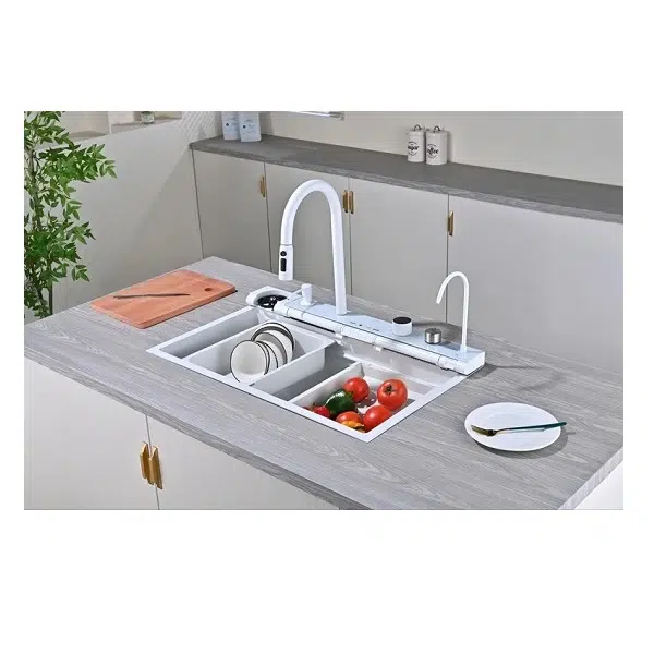 Мивка за кухня Spark 12WW, двоен водопад, Smart смесител, бял | HomeZONA Мивка за кухня Spark 12WW
