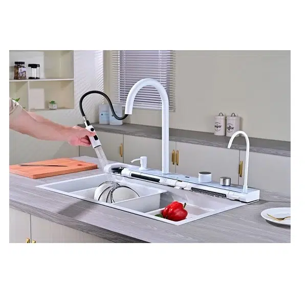 Мивка за кухня Spark 12WW, двоен водопад, Smart смесител, бял | HomeZONA Мивка за кухня Spark 12WW